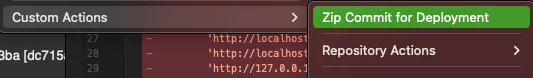 SourceTree Custom Actions submenu with Zip Commit for Deployment highlighted